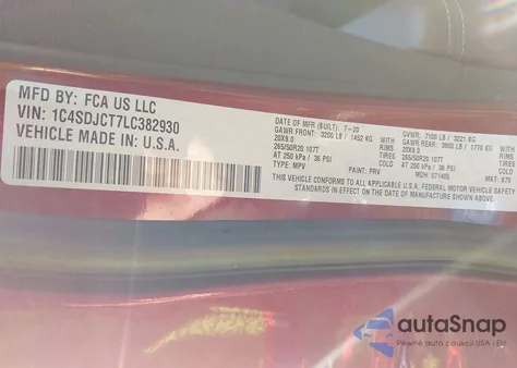 2020 Dodge Durango R/T Awd из США, поврежденный, VIN 1C4SDJCT7LC382930